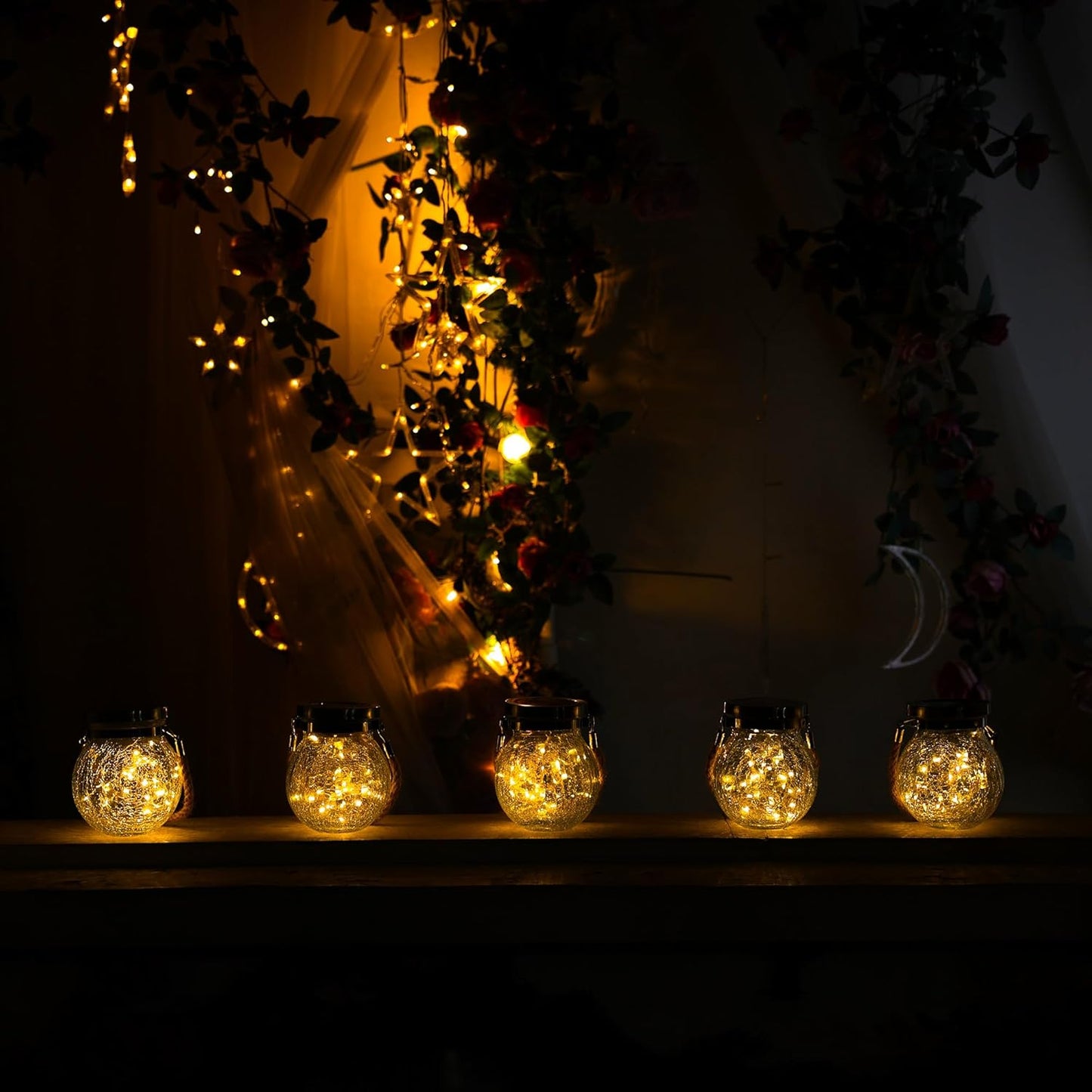Cooo 6 Pack Heavy Crackle Glass Solar Lantern with 30 LED Firefly Lights– Waterproof Outdoor