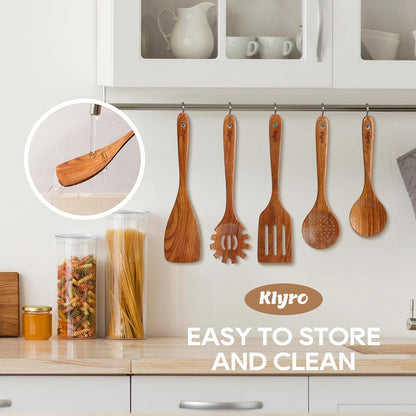 Teak Kitchen Utensils Set, 5 Piece Premium Wooden Cooking Utensils Set, Non-Stick Heat-Resistant