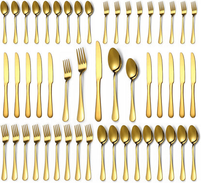 Lazycorner 50 Pcs Gold Silverware Set for 10, Food Grade Stainless Steel Flatware Set Include