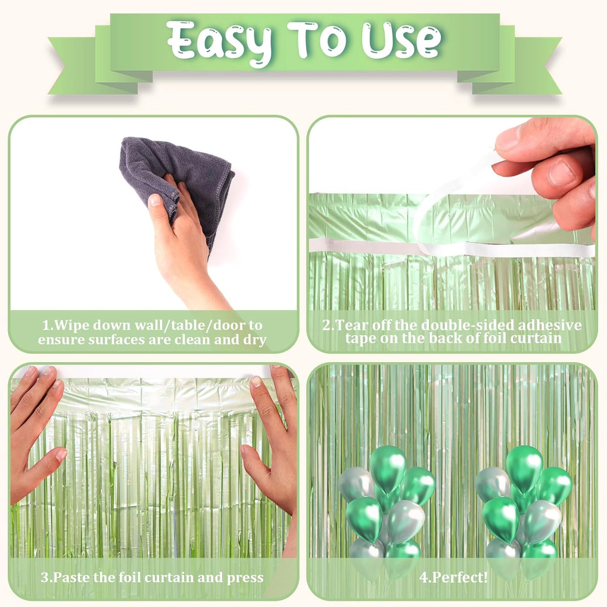 3 Pack 3.3 x 8.2 ft Sage Green Foil Fringe Backdrop Curtains, Tinsel Streamers Party Decorations