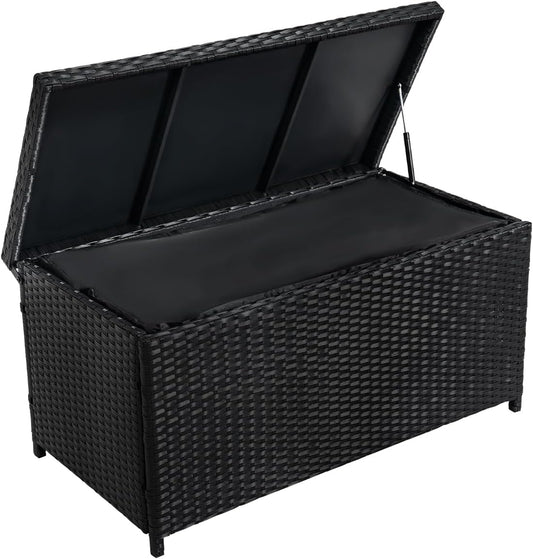 Outdoor 70 Gallon Wicker Storage Box with Waterproof Liner, Patio PE Rattan Storage Container for