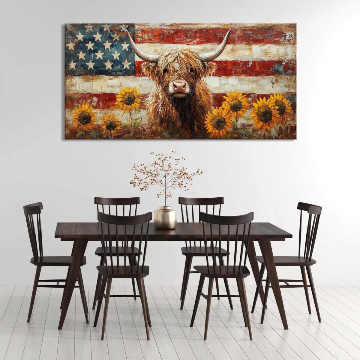 LASMOND Country Highland Cow Wall Art for Living Room Rustic Retro Vintage American Flag Sunflower