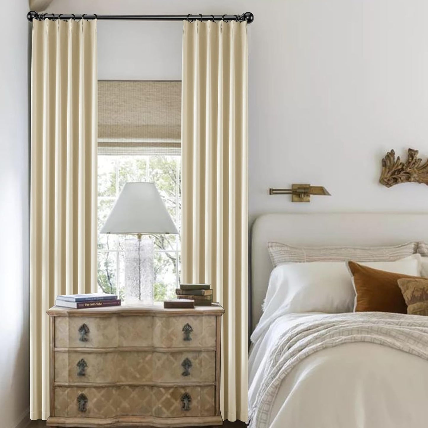 KangBang Cream Beige Pinch Pleat Room Darkening Curtains 96 Inches Long with Hooks, Energy Saving