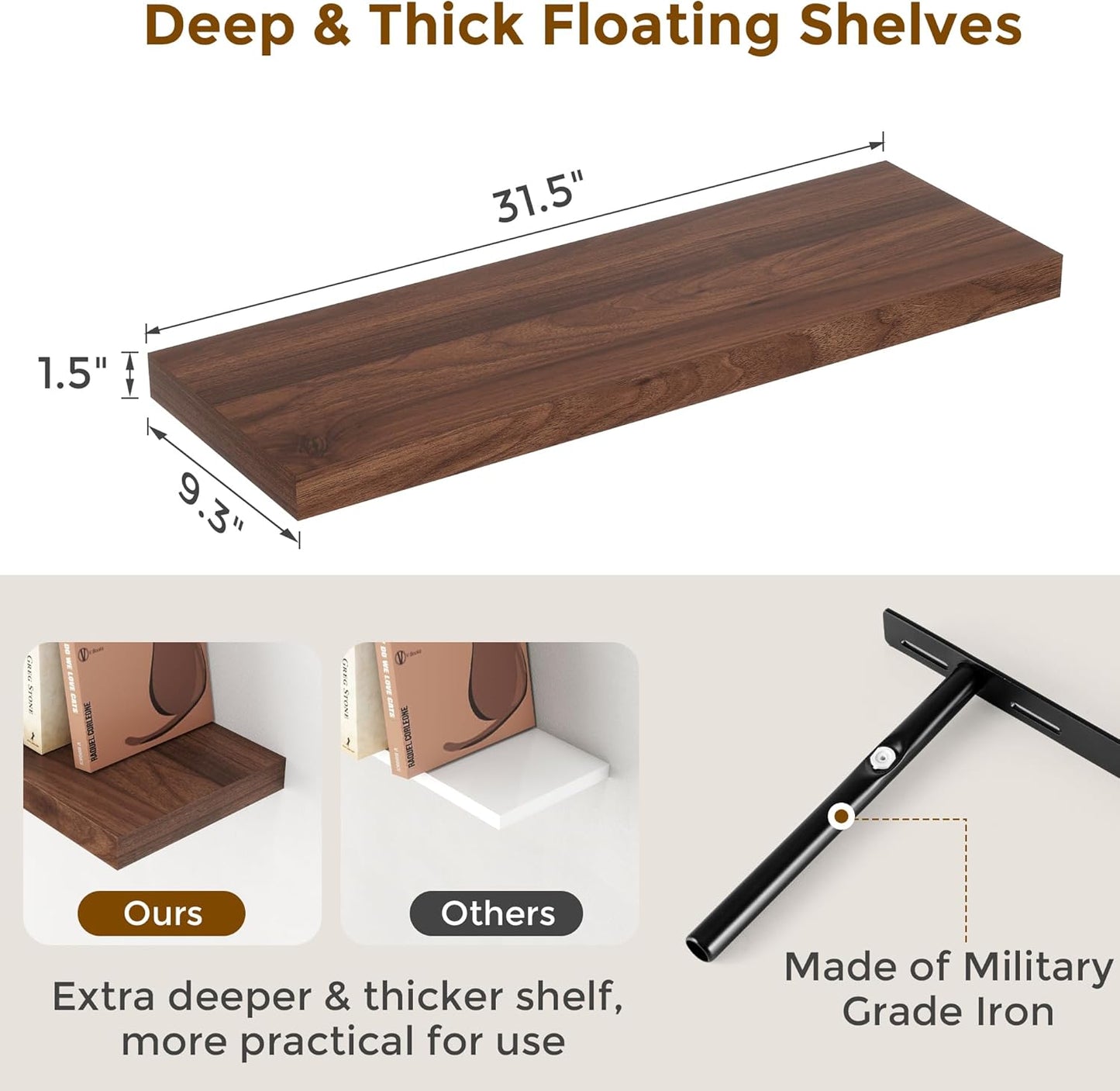 Rustic Wood Floating Shelves 32 Inch Long, 9 Inch Deep Wall Shelves for Home Decor, 32 x 9 Floating