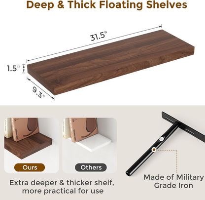 Rustic Wood Floating Shelves 32 Inch Long, 9 Inch Deep Wall Shelves for Home Decor, 32 x 9 Floating