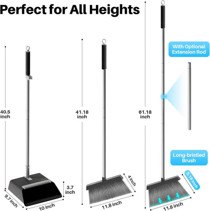 JOYMOOP Black Broom and Dustpan Set, Upright Angle Design with Built-in Comb Teeth for Home