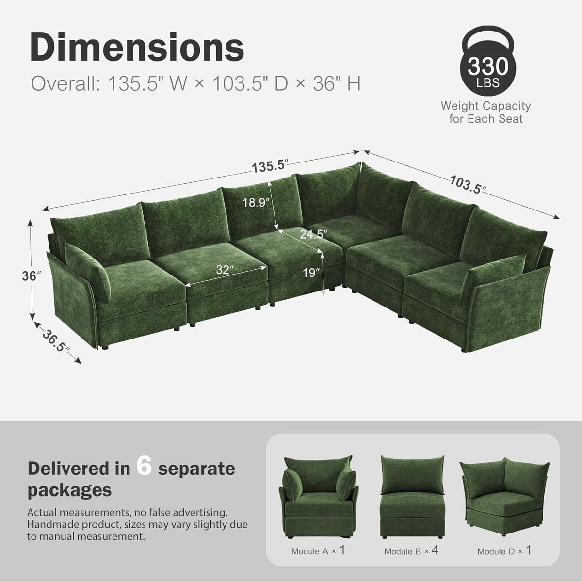135.5" Oversized Modular Sectional Sofa, L Shaped Convertible Couch with Movable Ottoman, Large 6