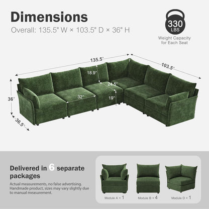 135.5" Oversized Modular Sectional Sofa, L Shaped Convertible Couch with Movable Ottoman, Large 6