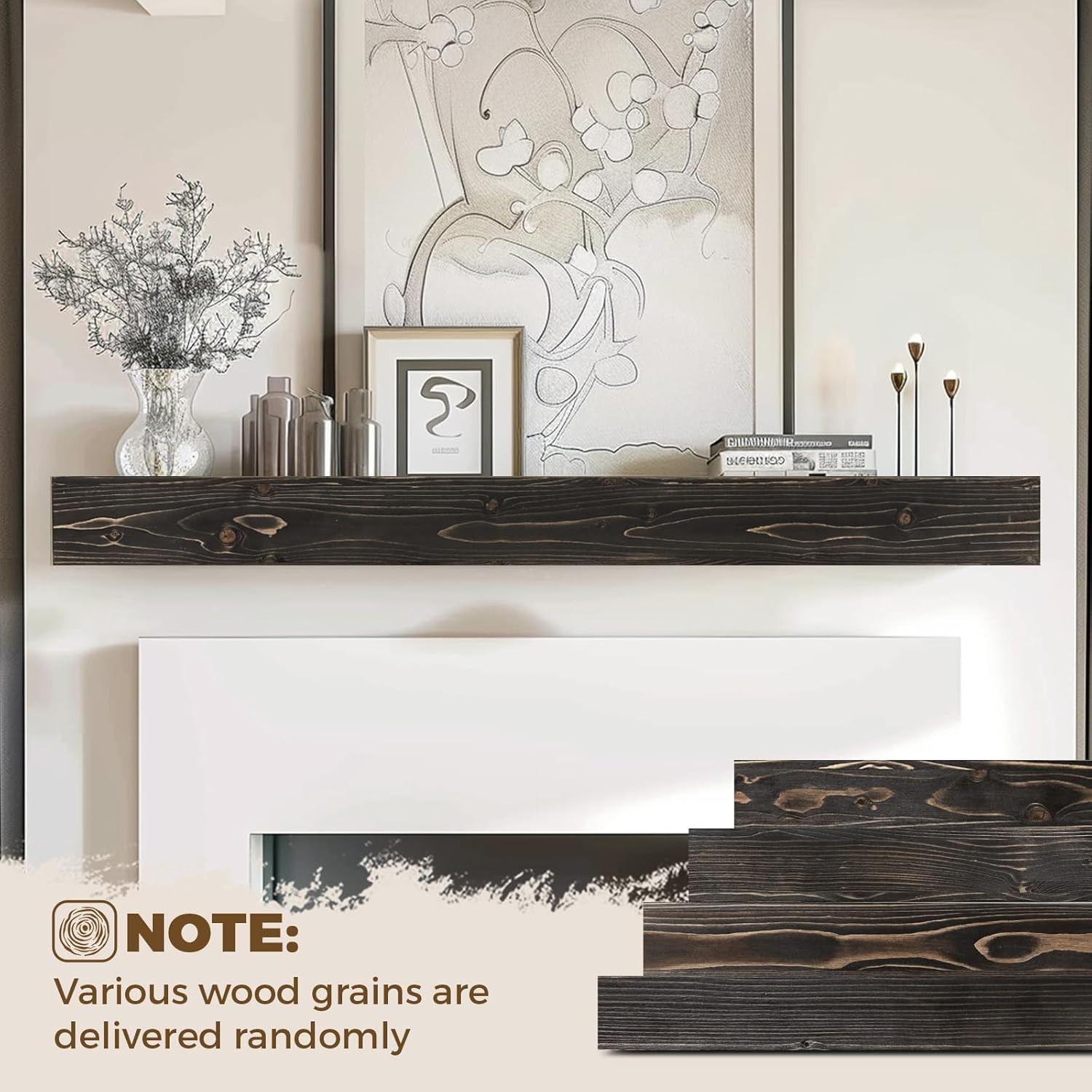 60x8x3 Fireplace Mantel - Handcrafted Hollow Rustic Solid Wood Wall Mounted Floating Shelf with