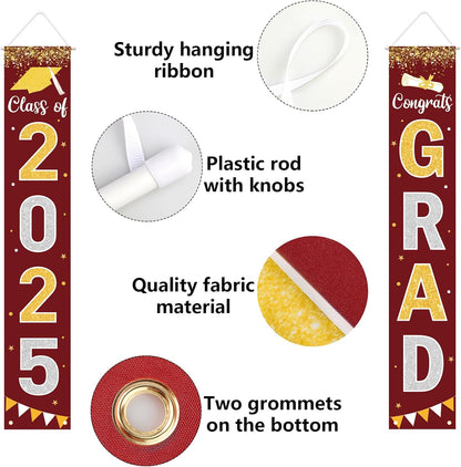 Graduation Decorations 2025 GRAD Banner Maroon Porch Door Sign Welcome Banner For Indoor Outdoor