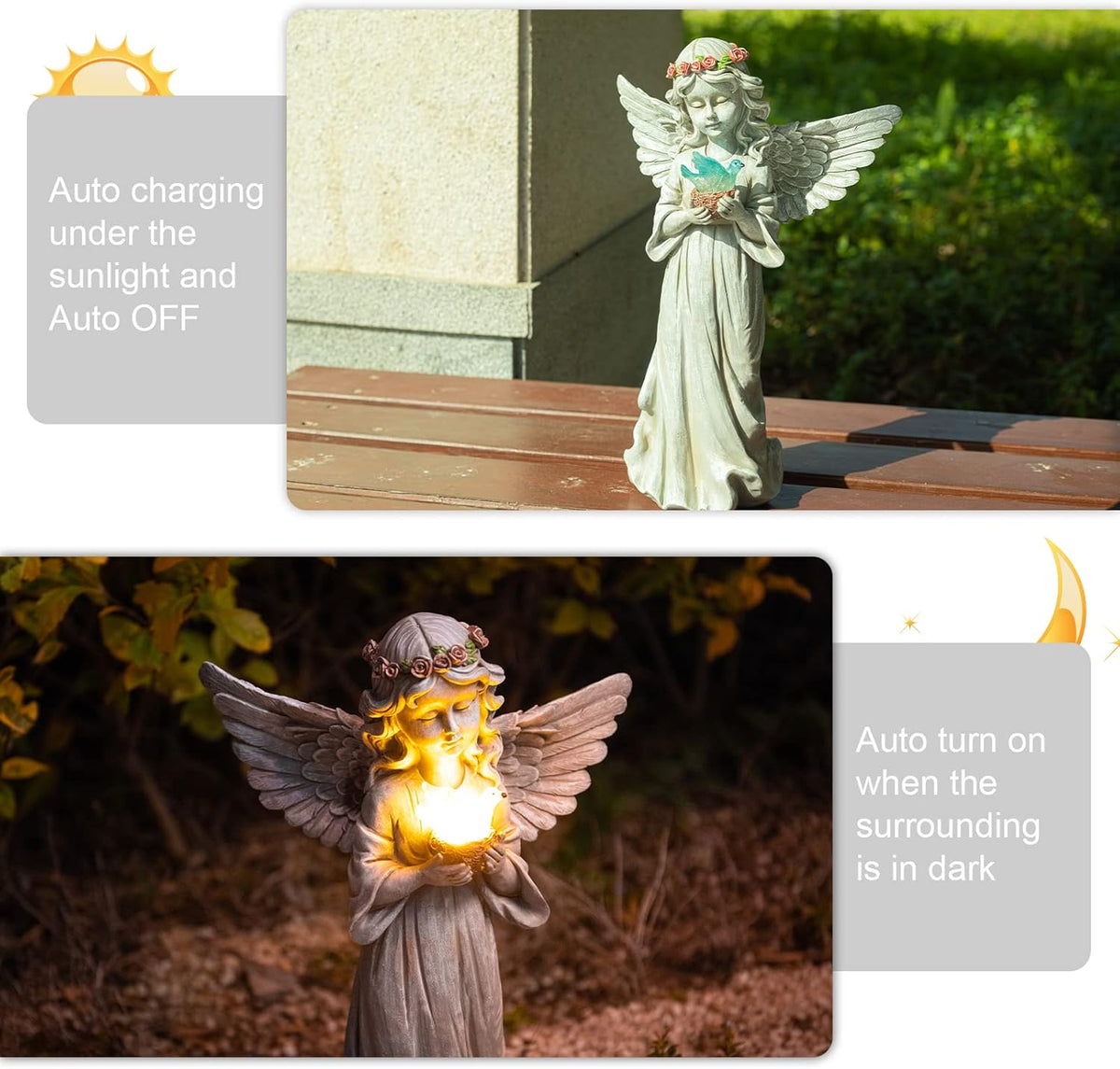 Angel Garden Statue Outdoor Decor, Angel Garden Figurine Hold Dove with Solar Lights Waterproof