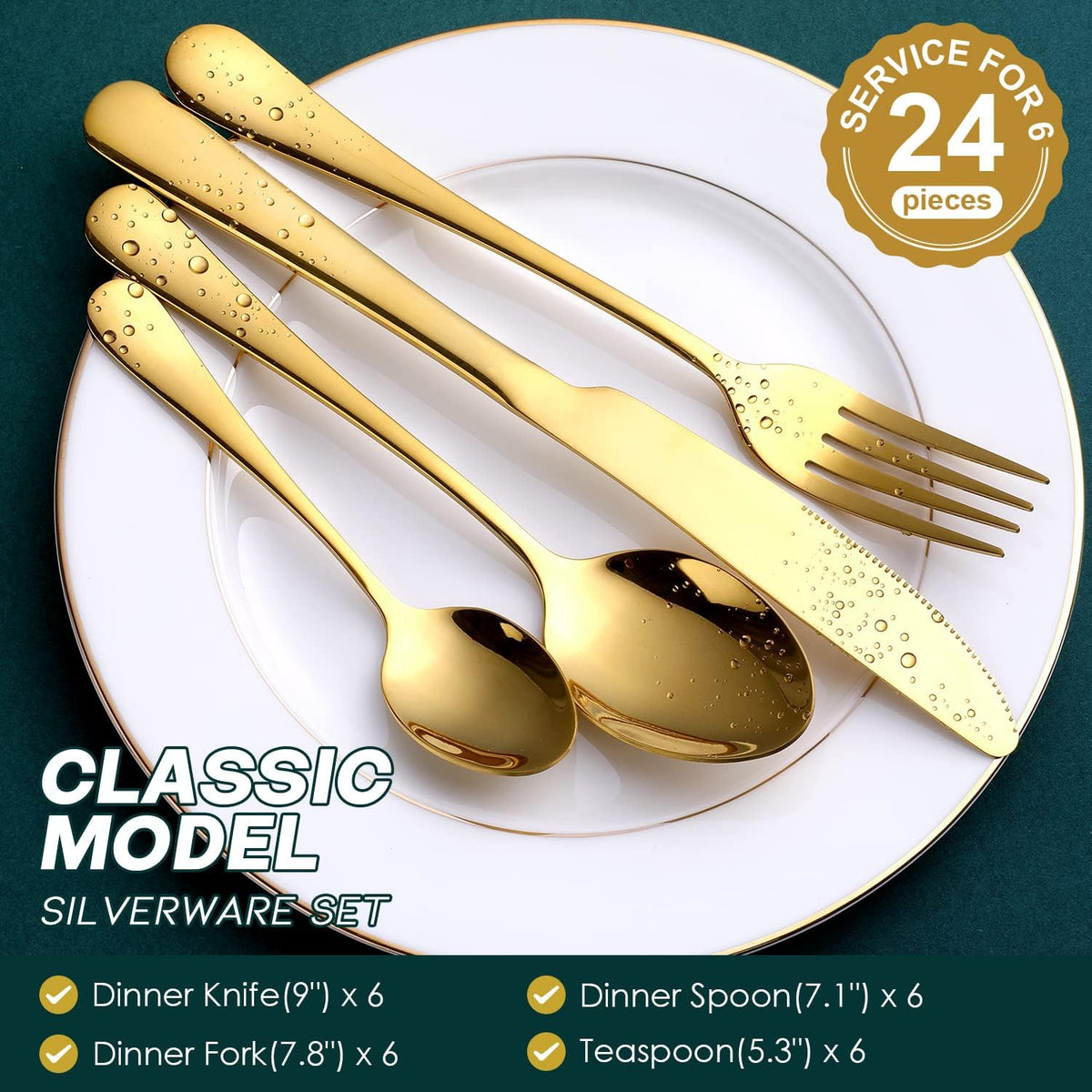 Gold Silverware Set, OGORI 24-Piece Food Grade Stainless Steel Gold Flatware Set, Kitchen Utensil