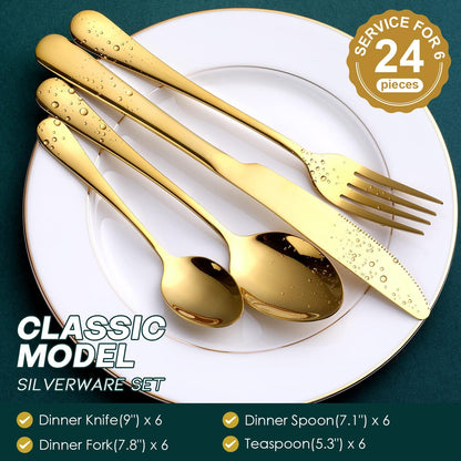 Gold Silverware Set, OGORI 24-Piece Food Grade Stainless Steel Gold Flatware Set, Kitchen Utensil
