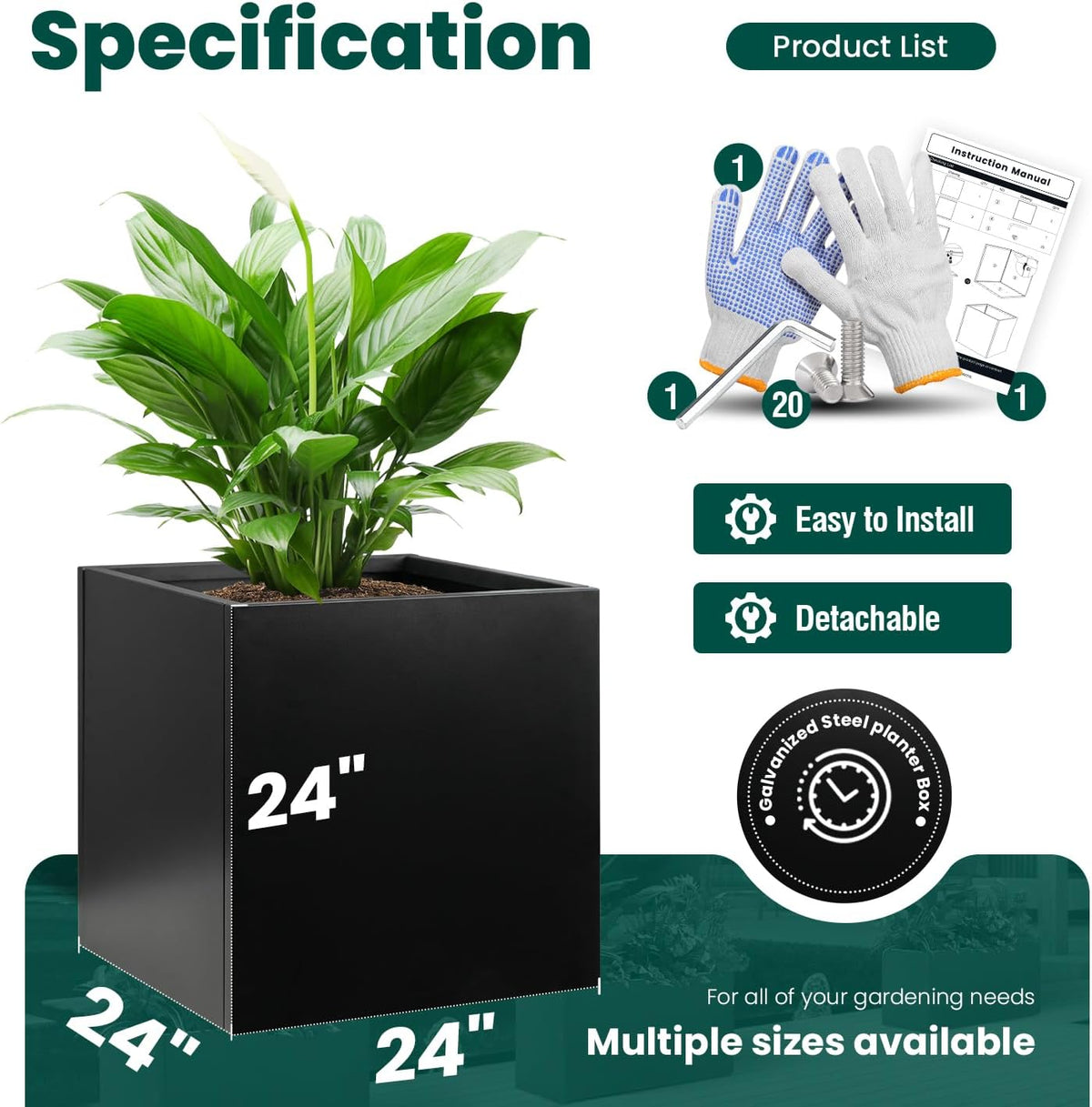 Galvanized Steel Planter Box Black Metal Planter Large Square Indoor Outdoor Planters Cube Steel