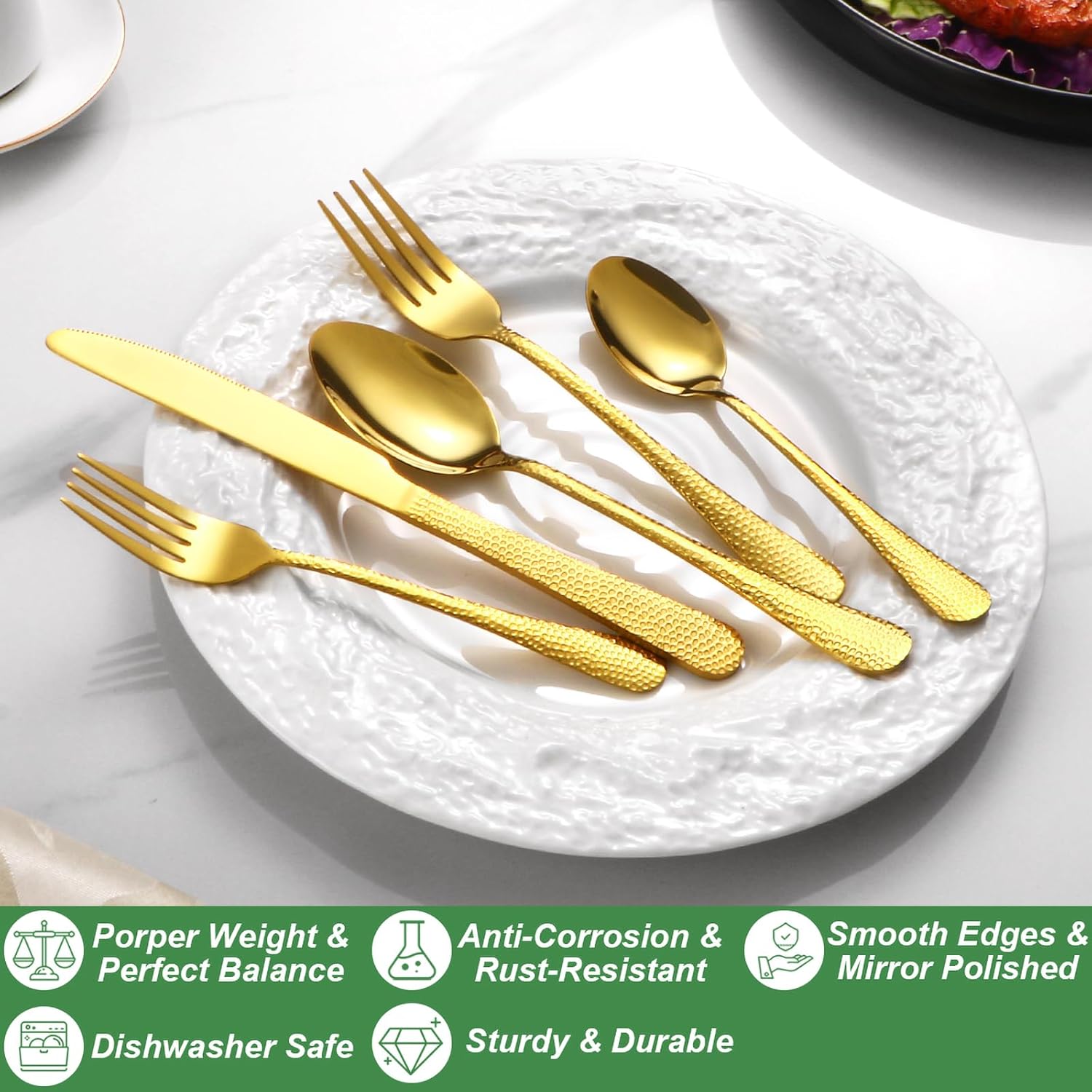 40 Pcs Gold Silverware Set for 8 with Hammered Design, Food Grade Stainless Steel Flatware Set