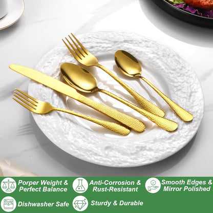 40 Pcs Gold Silverware Set for 8 with Hammered Design, Food Grade Stainless Steel Flatware Set