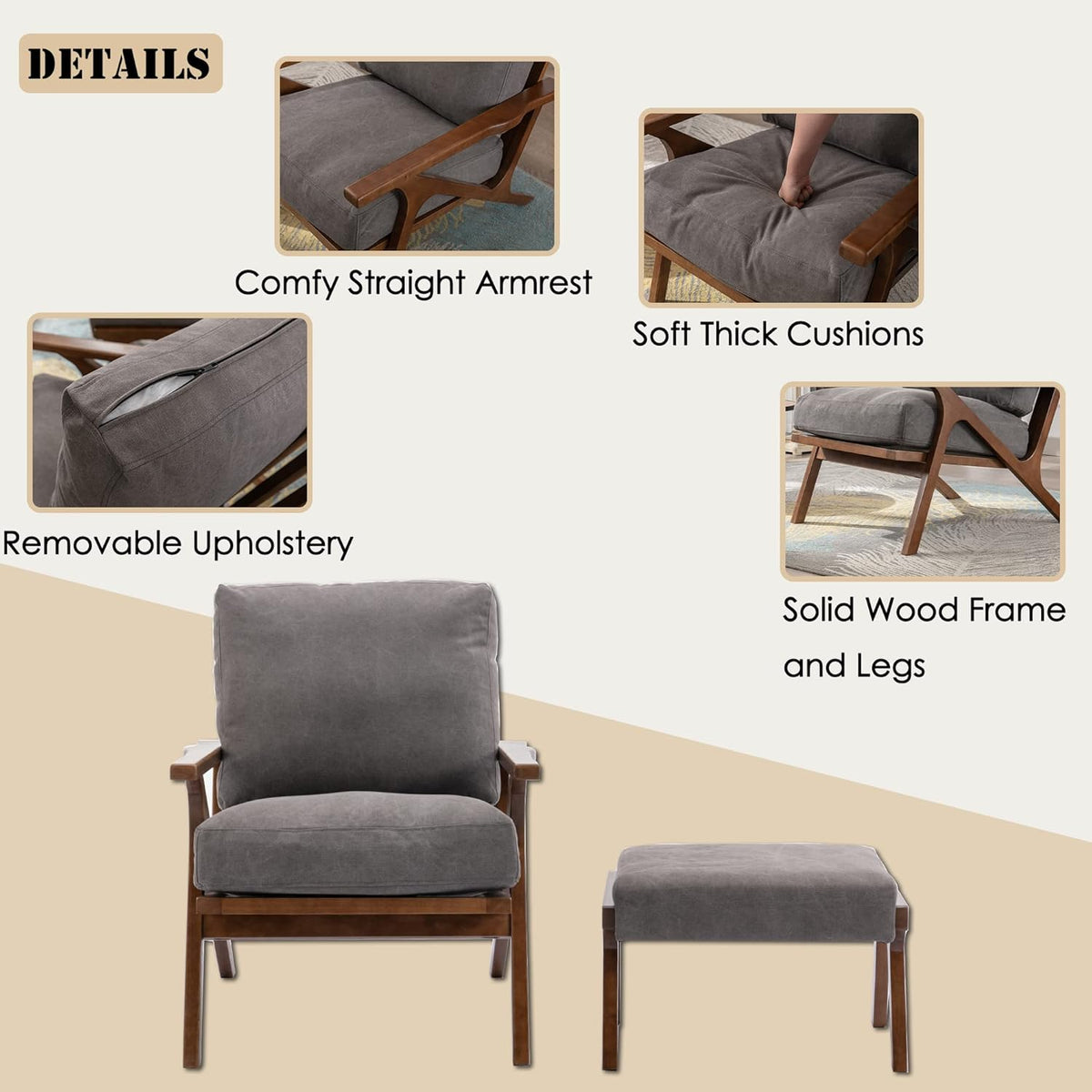chairus Mid-Century Modern Accent Chair with Ottoman, Linen Fabric Armchair with Wood Legs Comfy