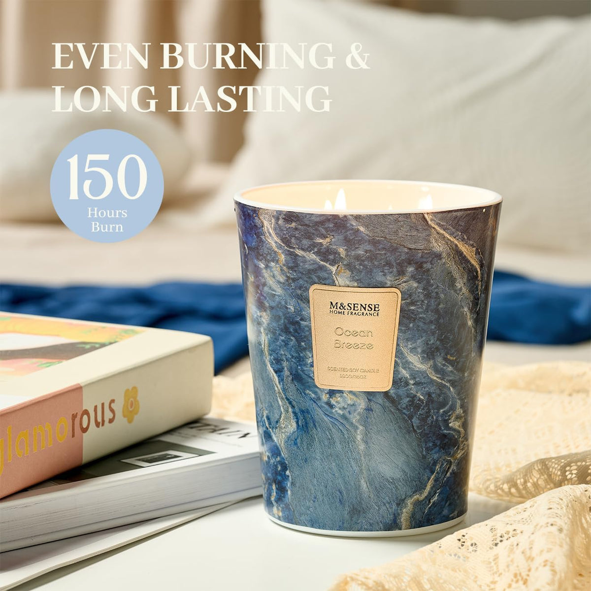 M&SENSE Ocean Breeze Scented Candles for Home, 3-Wick Highly Scented Jar Candles, 35 Oz 150 Hours