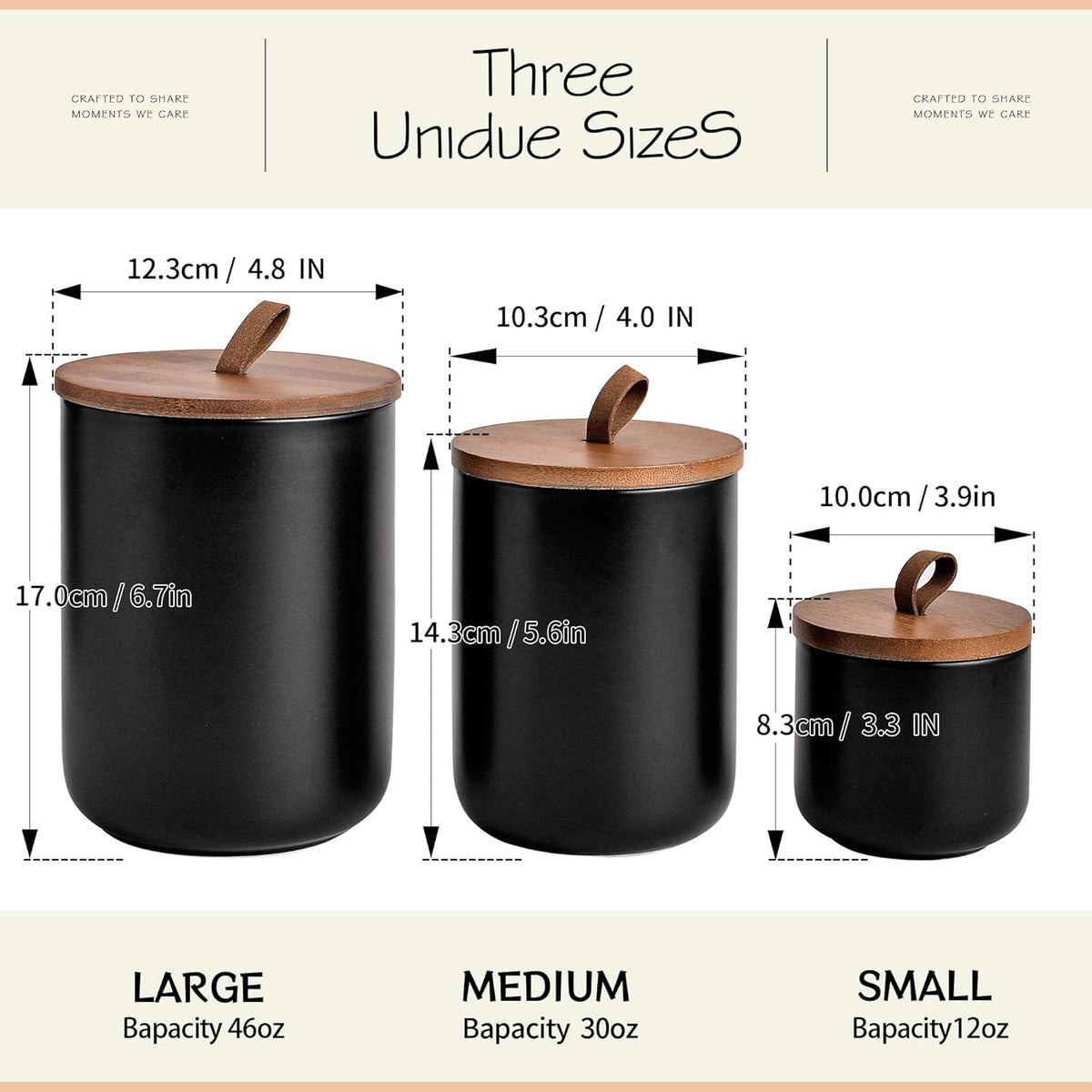 Black Ceramic Canister Set with Bamboo Lids, 3-Piece Airtight Food Storage Jars for Kitchen
