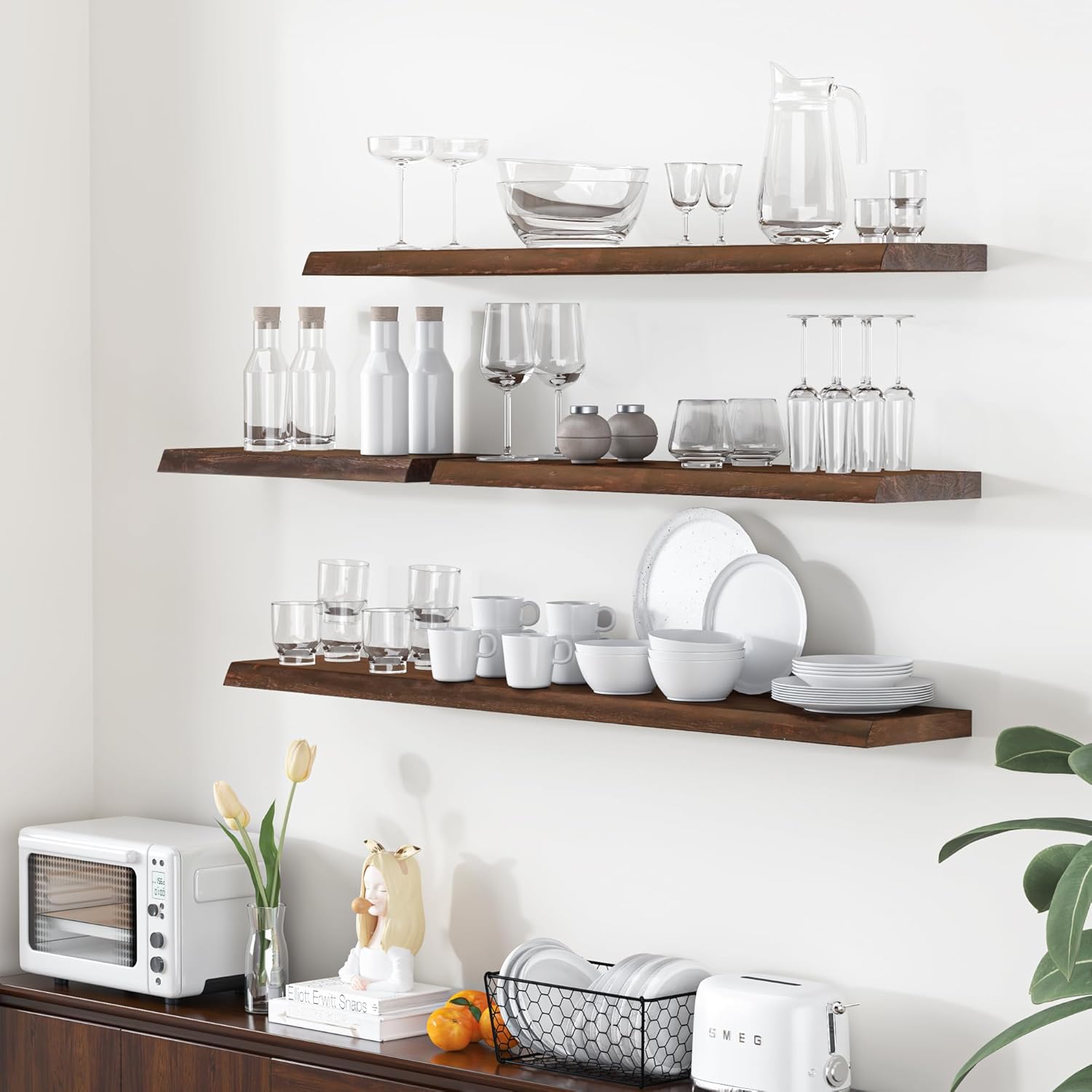 Floating Shelves for Wall, 55"x9.3" Rustic Solid Live-Edge Elm Wood Wall Shelves, Heavy-Duty