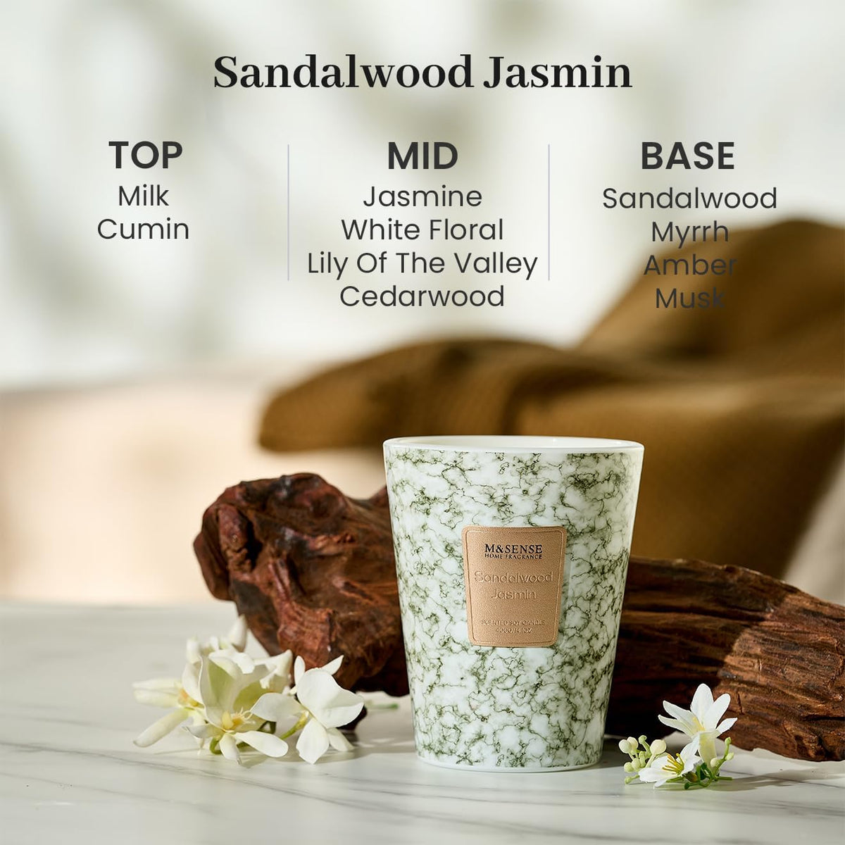 M&SENSE SandalWood Jasmine Scented Candles for Home, Lead-free Wick Highly Scented Jar Candles