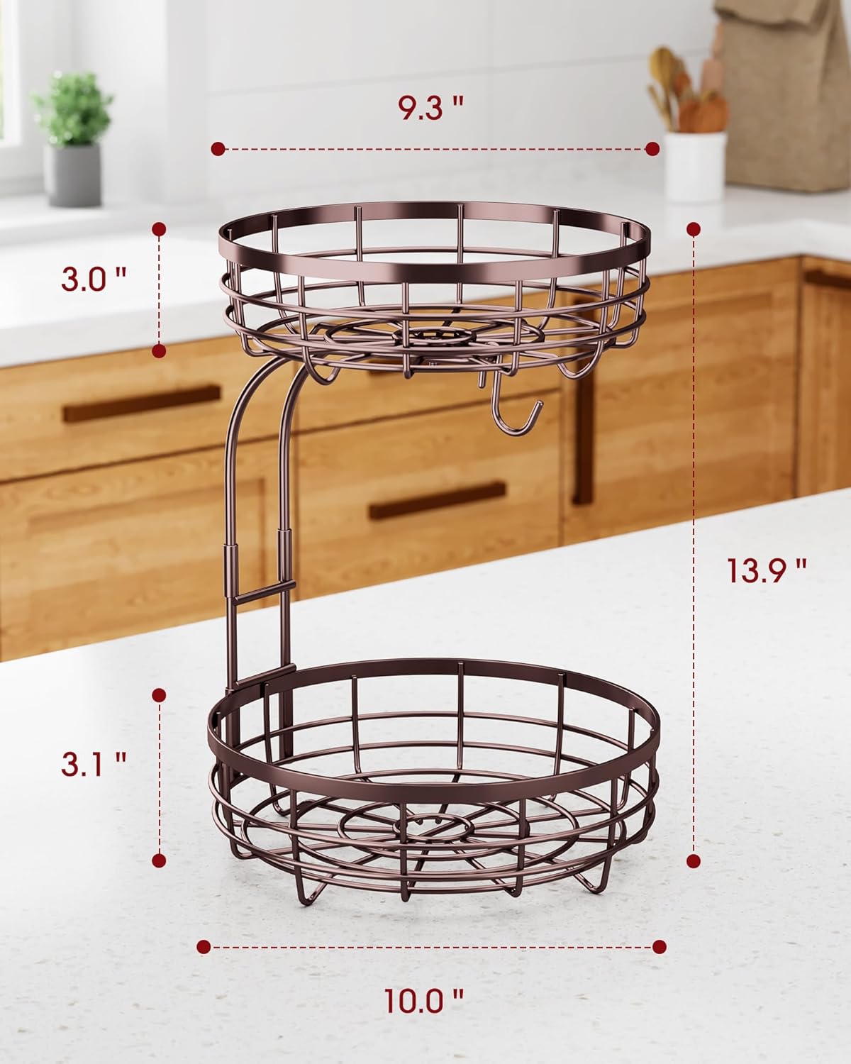 Fruit Basket for Kitchen Counter - 2-Tier Large Capacity Fruit Bowl with Detachable Banana Hanger