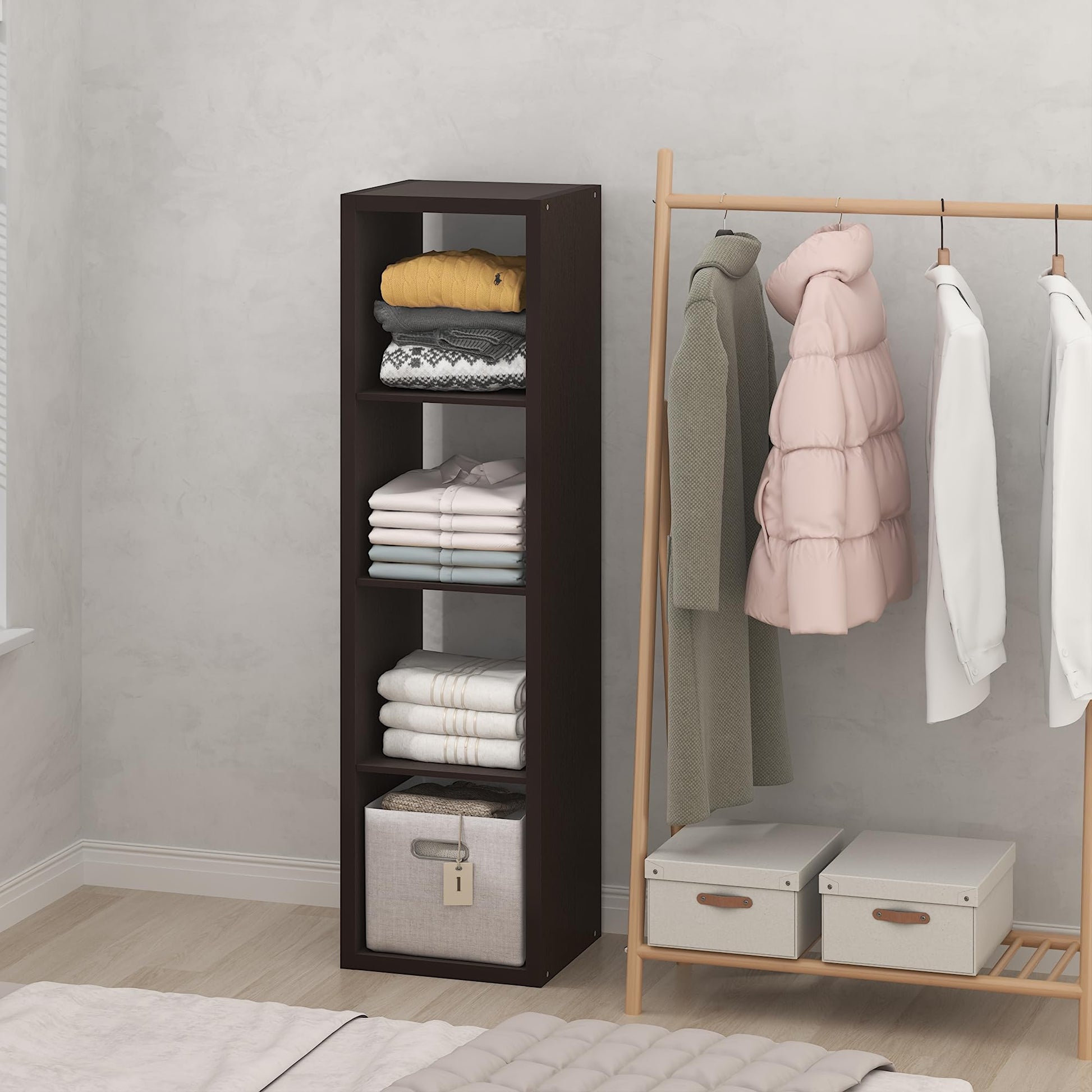 Furinno Cubic Extra Thick 4-Cube Closet Organizers and Storage, Dark Oak