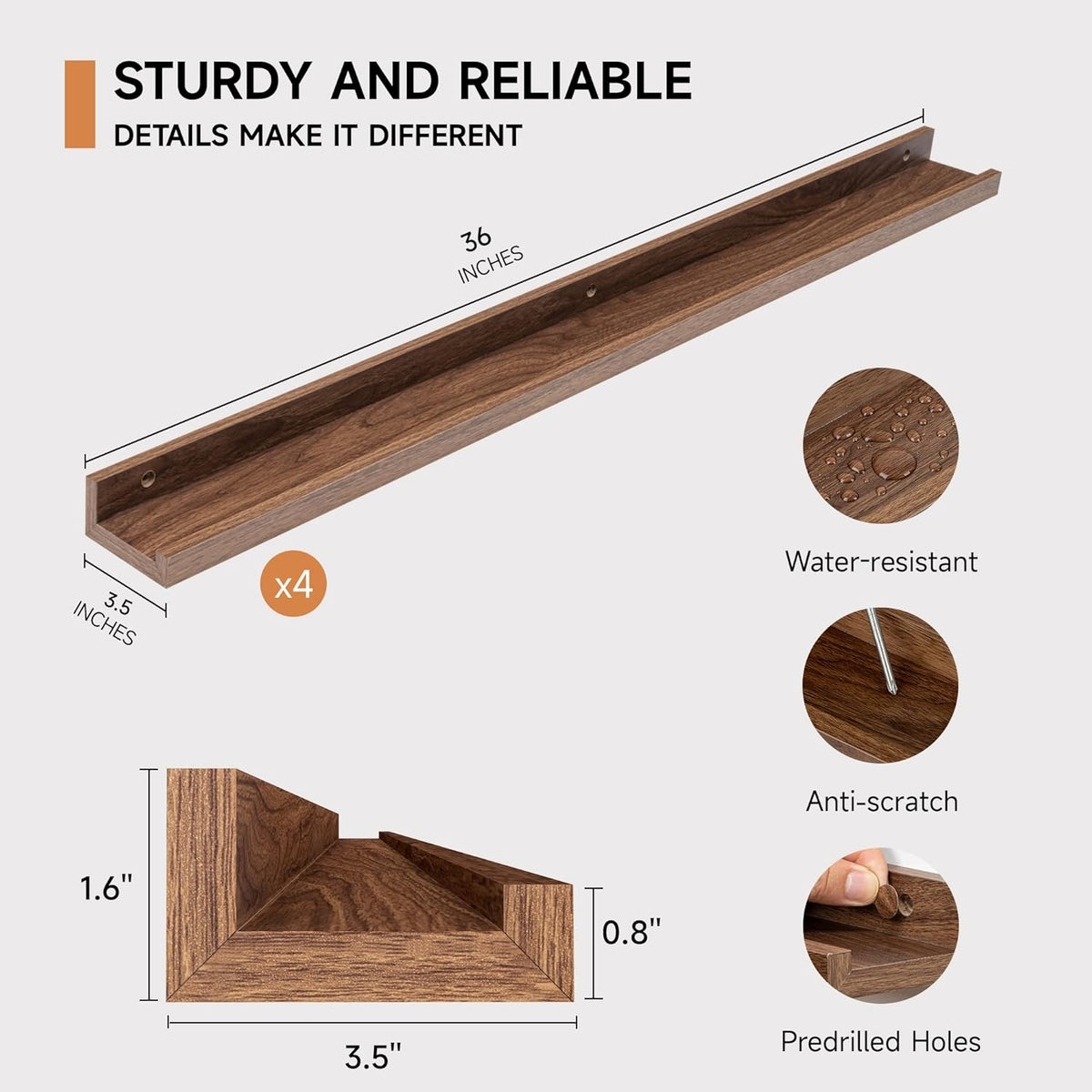 Picture Ledge Shelf for Wall, Floating Shelves Set of 4, 36 Inch Long Nursery Book Shelves for Toys