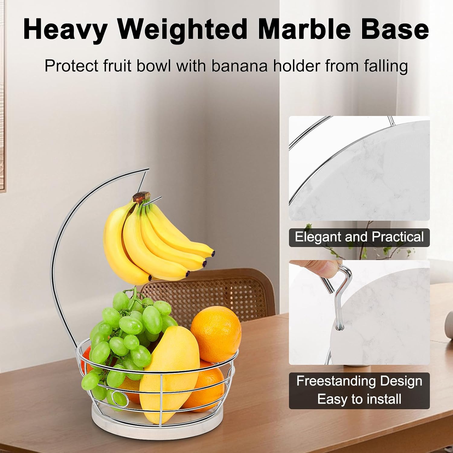 Livabber Countertop Fruit Basket Bowl with Banana Hanger, Modern Standing Fruit Vegetable Bowl