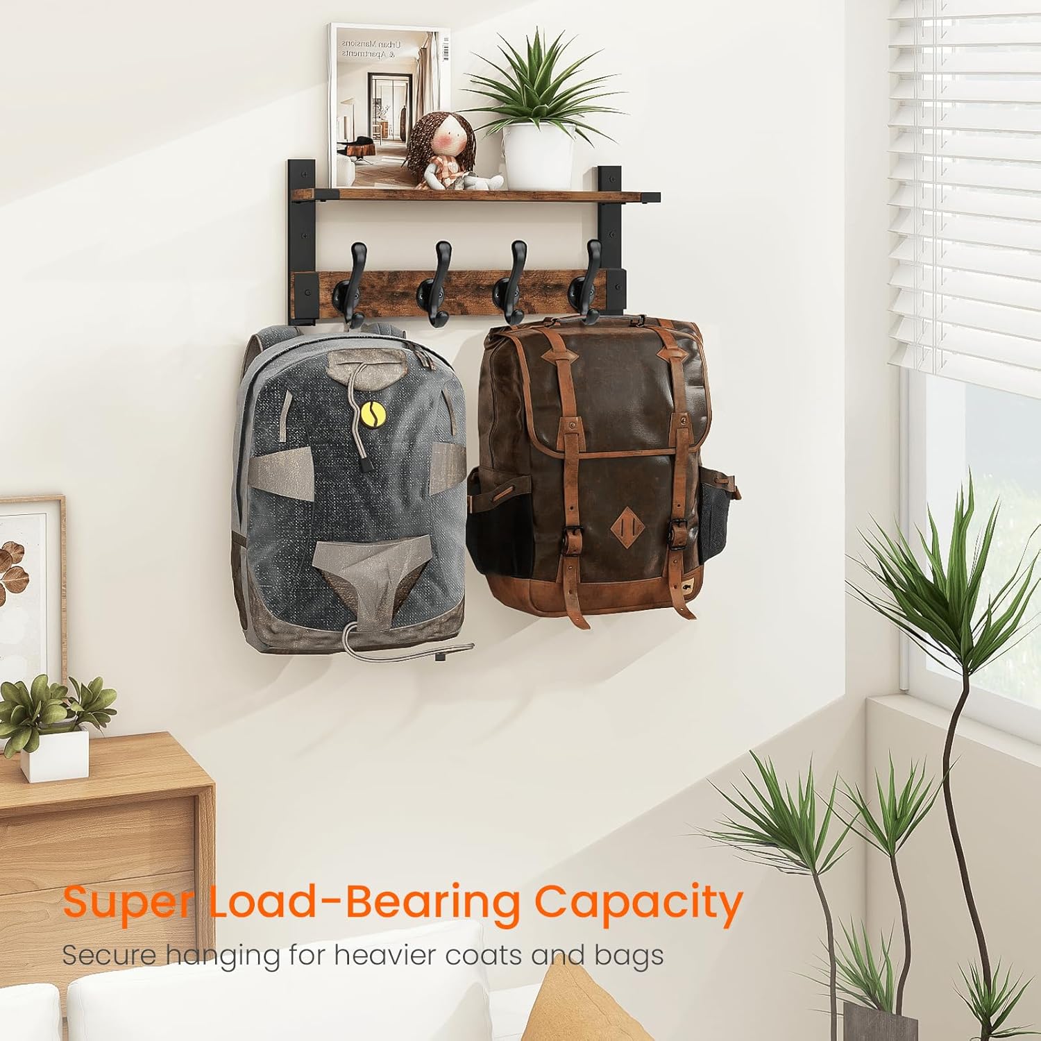 Homode Coat Rack Wall Mount with Shelf, Wood Wall Hooks with Shelf, Heavy Duty Entryway Shelf with