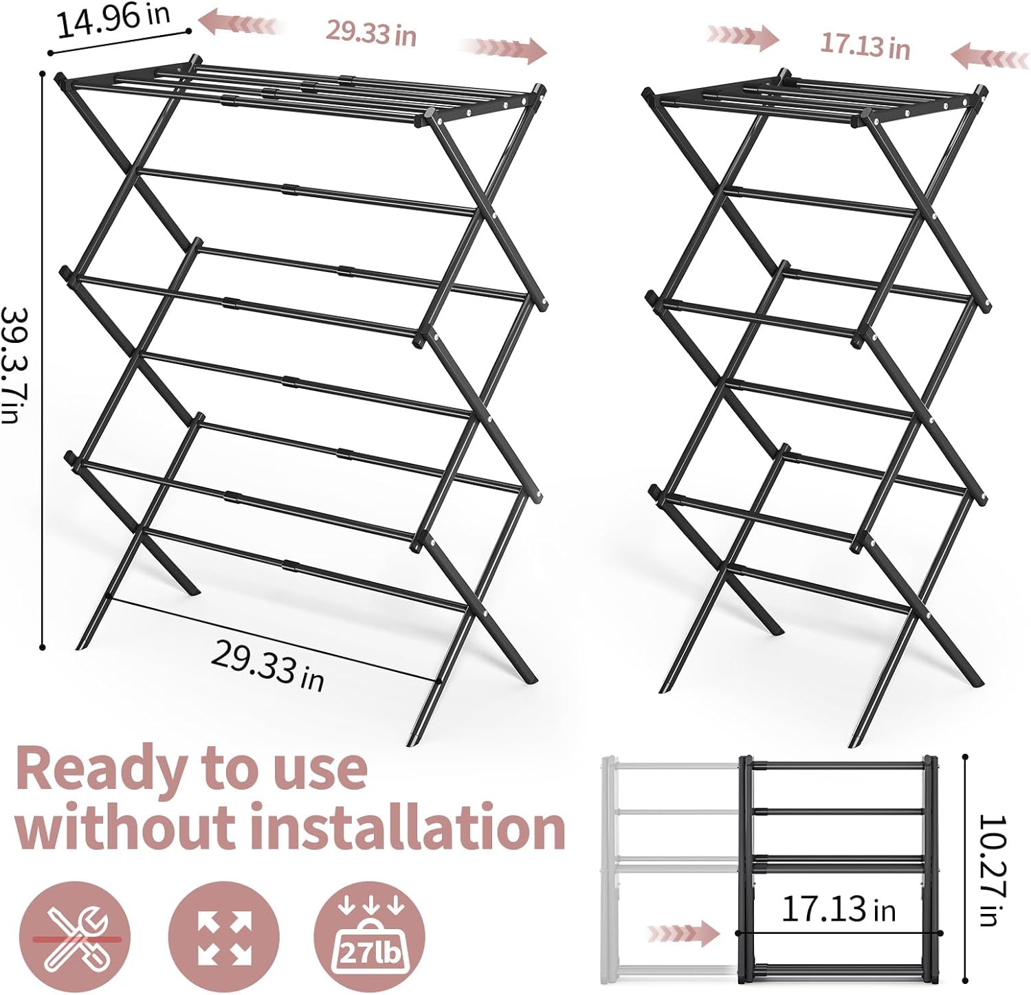 APEXCHASER Clothes Drying Rack, 3-Tier Laundry Drying Rack for Clothes, Expandable Metal Clothing