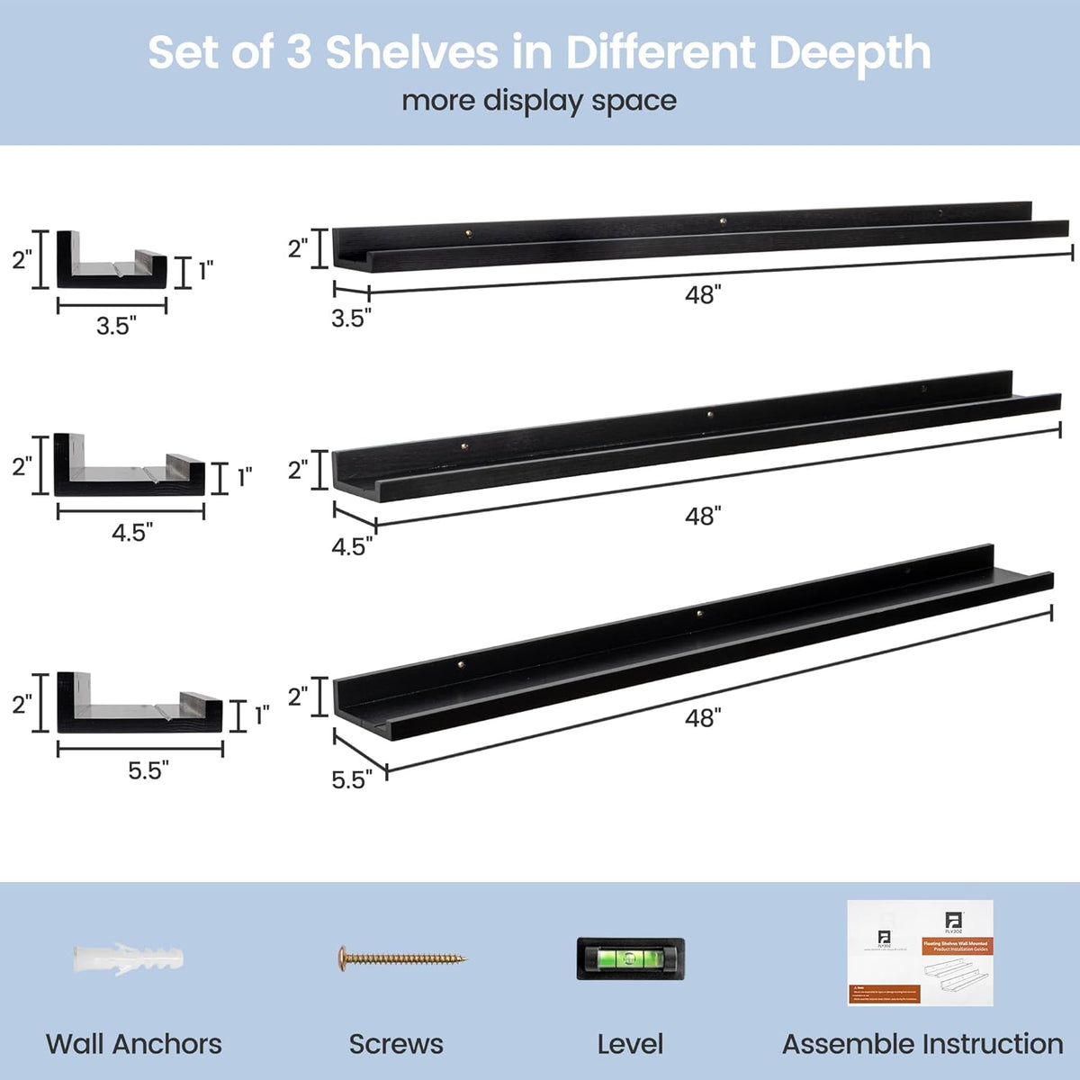 Picture Ledge Wall Shelves 48 inches Width Set of 3, Solid Pine Wood Rustic Floating Ledge Shelves
