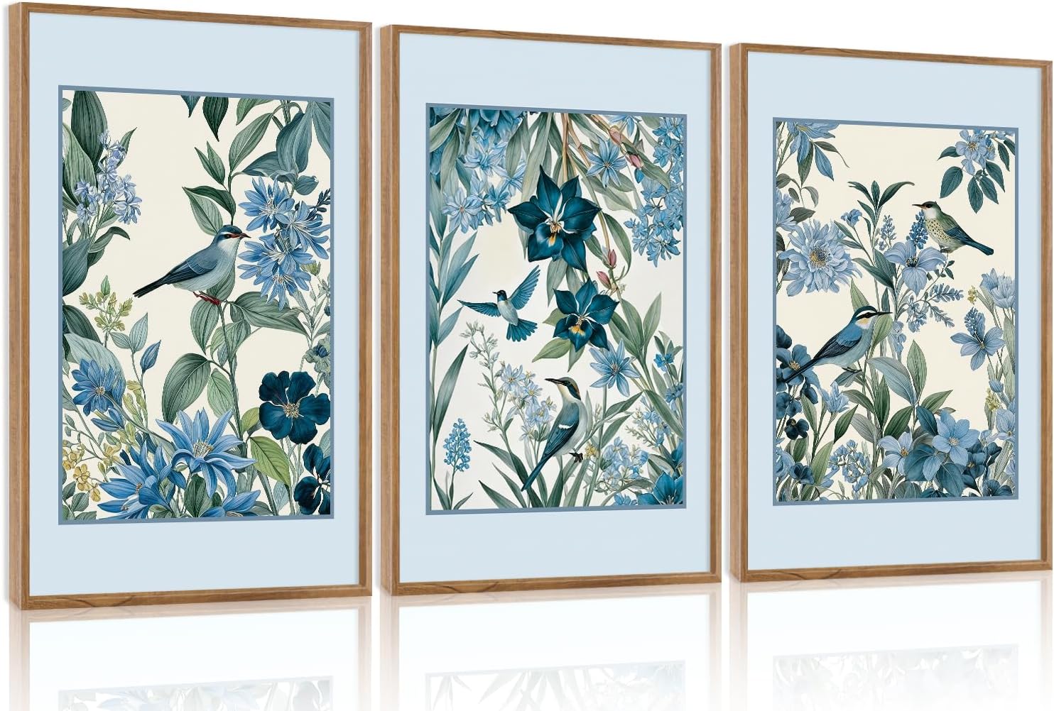 Aurlan Vintage Blue Birds and Botanical Framed Wall Art(24"x36"), 3PCS Classic Chinoiserie Audubon