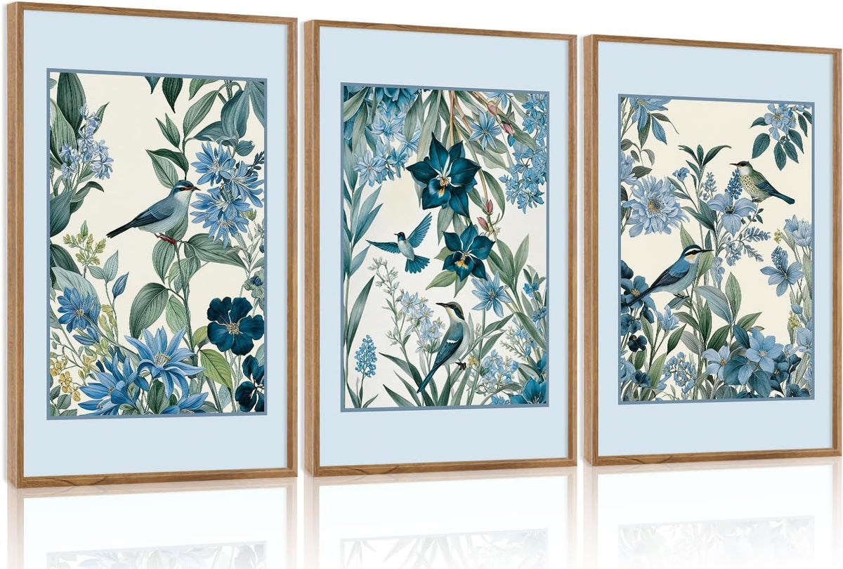 Aurlan Vintage Blue Birds and Botanical Framed Wall Art(16"x24"), 3PCS Classic Chinoiserie Audubon