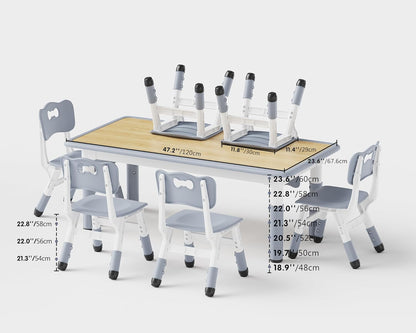 Brelley Kids Table and 6 Chairs Set, Height Adjustable Toddler Desk and Chair Set, Graffiti