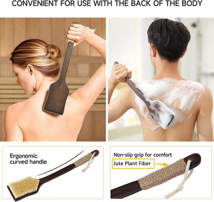 Back Scrubber Shower Brush,Dry Brushing Body Brush with 17.7 Inch Curved Long Handle, Natural