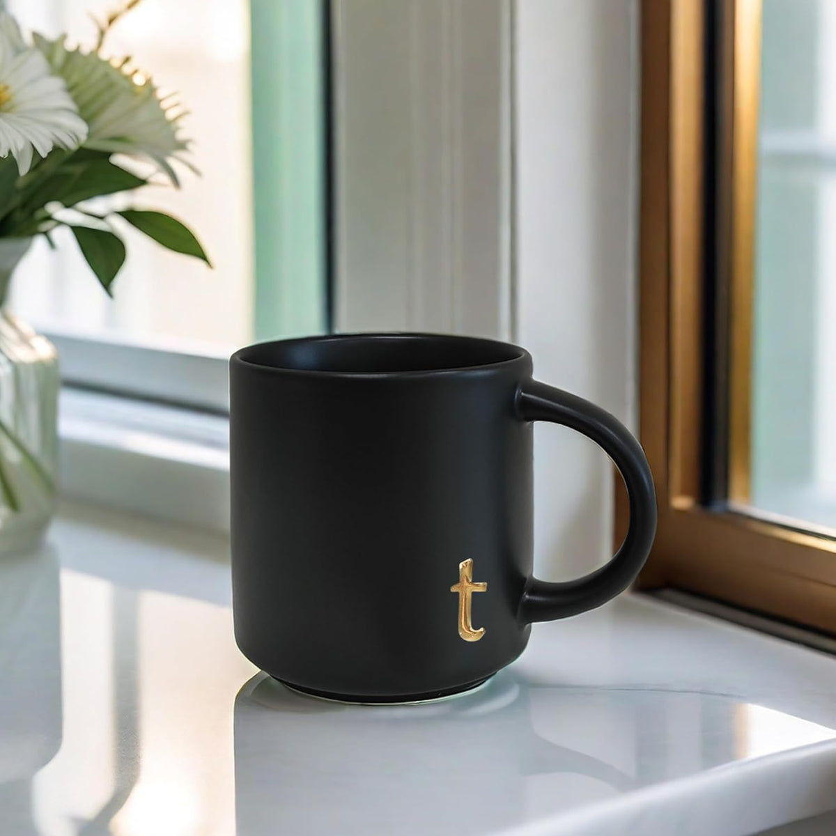 COLLECTIVE HOME - Black Monogram Ceramic Mugs, 15 oz Golden Initial Coffee Cups, Elegant Alphabet