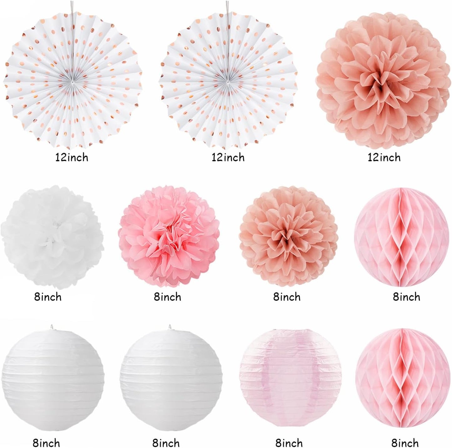 Pink White Rose-Gold Birthday Party-Decorations - 21pcs Happy Banner, Paper Lanterns,Tissue Pom