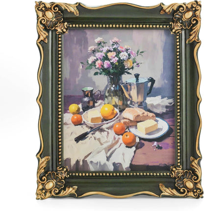 8x10 Vintage Picture Frame with Embossed Flower Design, Green Ornate Frame for 8x10 or 5x7 Pictures