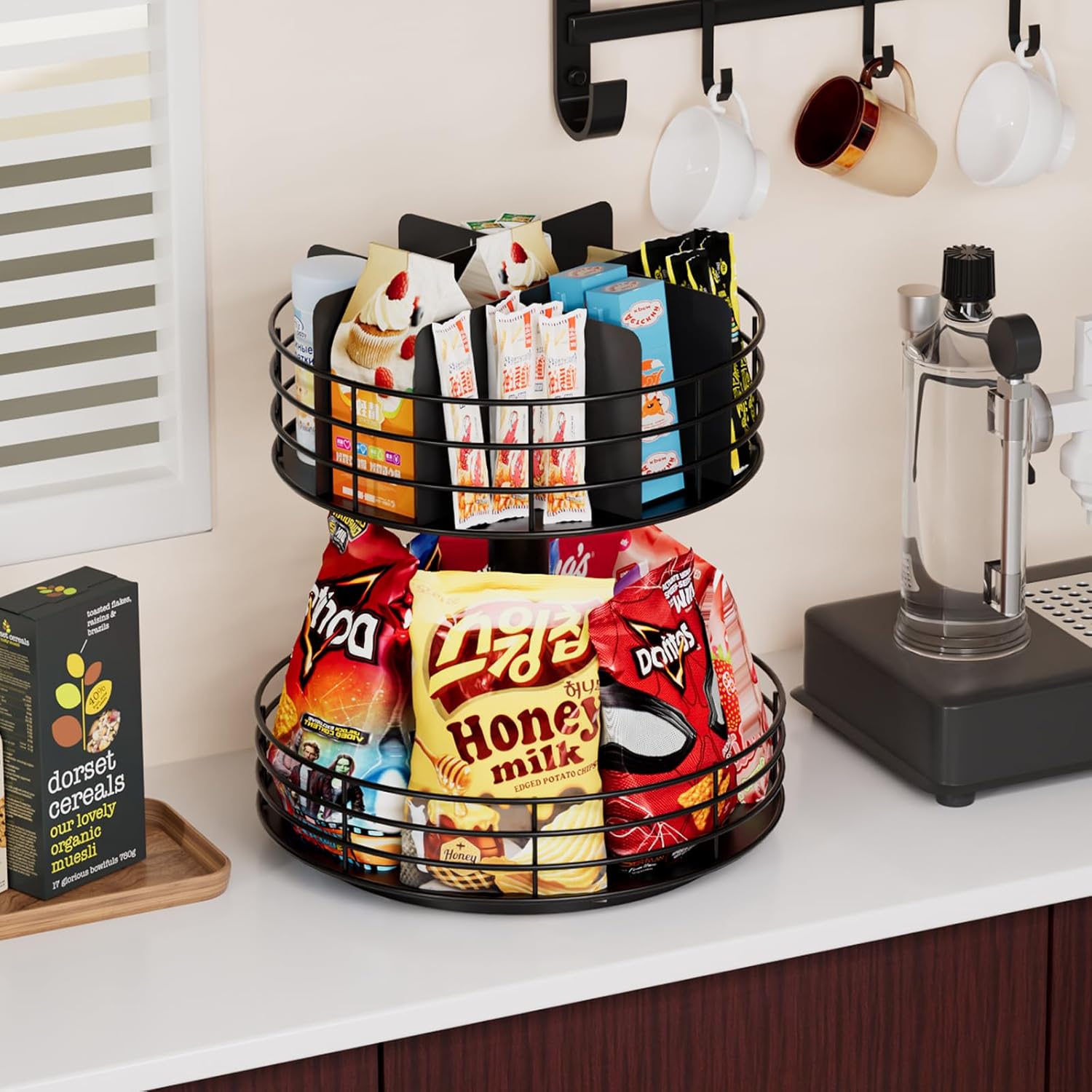 Snack Organizer - Versatile Snack Storage 2 Tier Lazy Susan with Convenient Grab-and-Go Design