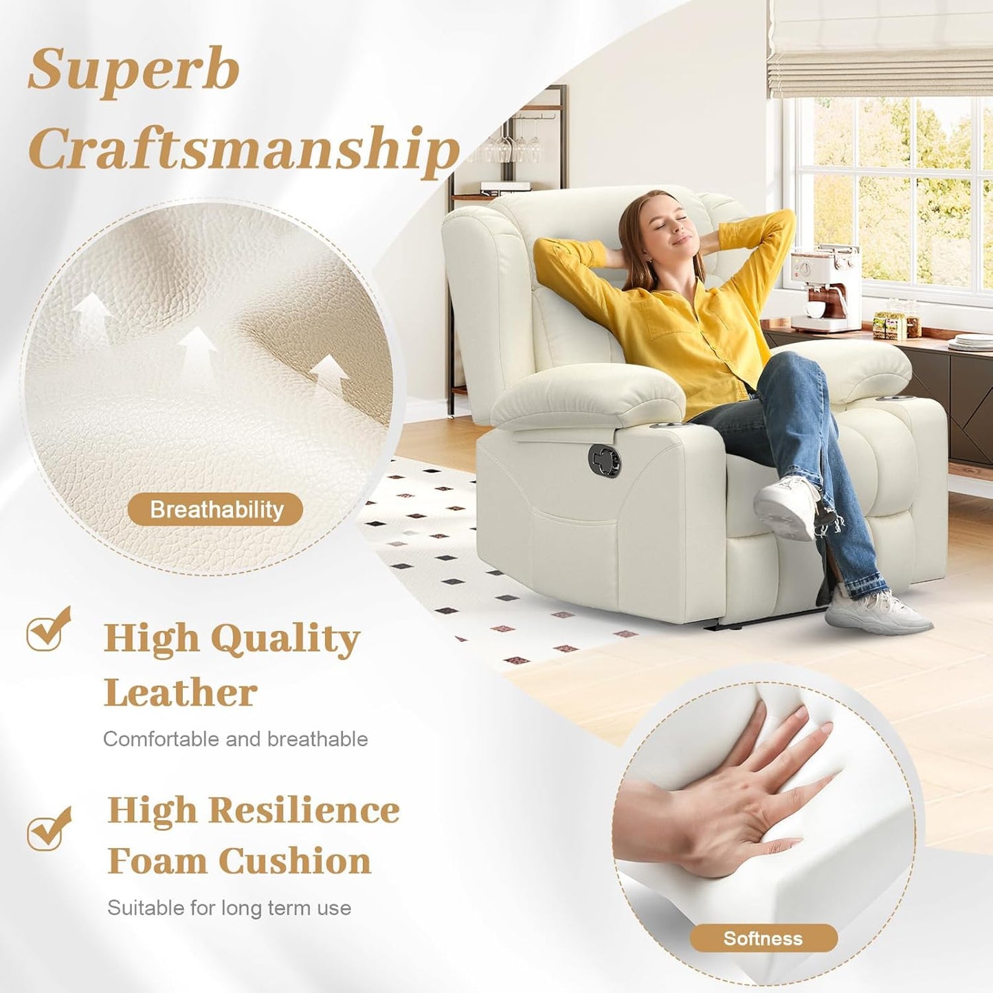 Recliner Chair for Adults, Oversized PU Leather Manual Pull Tab Reclining Chair with Cup Holders