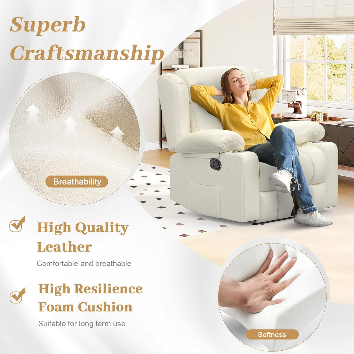 Recliner Chair for Adults, Oversized PU Leather Manual Pull Tab Reclining Chair with Cup Holders