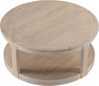 WILLIAMSPACE 40" Round Coffee Table with Wheels, Circle 2 Tier Solid Wood Center Coffee Table, Mid