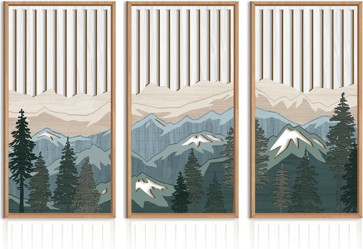 IARTTOP Large Mountain Wood Wall Art Framed Decor Set Of 3, Modern Mountain Landscape Wall Art