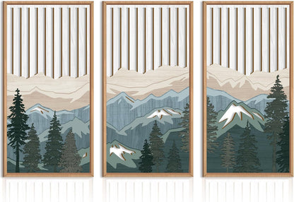 IARTTOP Large Mountain Wood Wall Art Framed Decor Set Of 3, Modern Mountain Landscape Wall Art