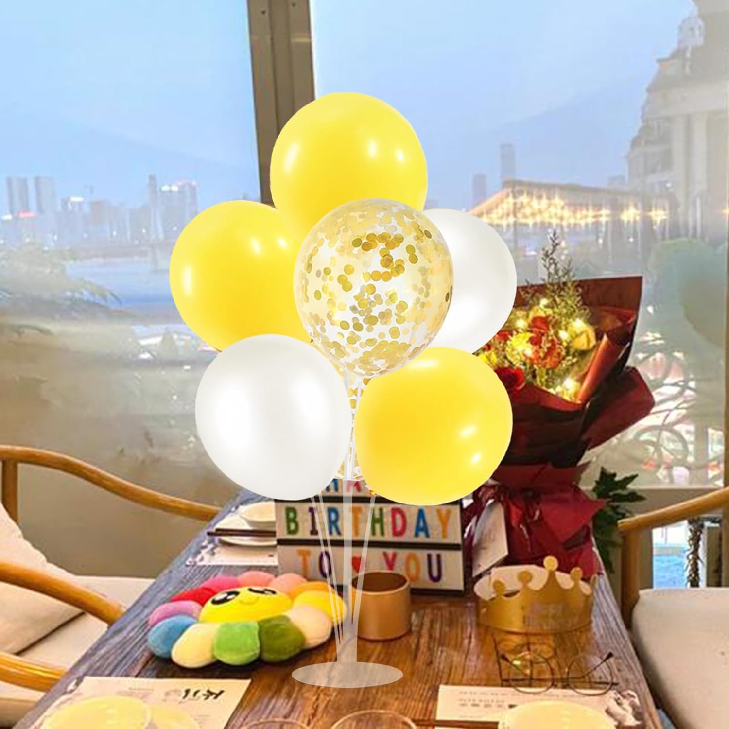 Yellow and White Balloon Stand Centerpiece Table Decorations for Bee Sunflower Daisy Birthday