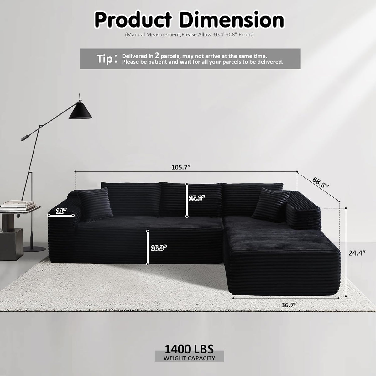 ovios 104" Cloud Sectional Couch with L-Shape Chaise,Modern Modular Sofa with Deep Seat