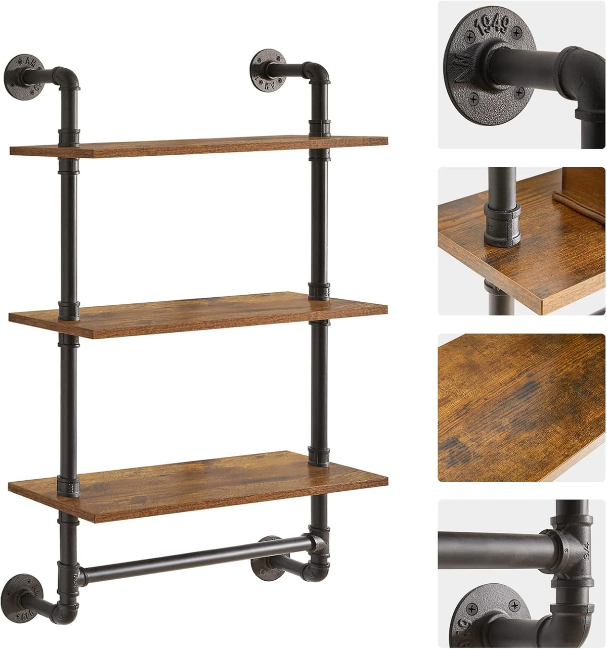 IBUYKE Industrial Pipe Shelf,40.5 inches Wall Mount Bookcase,3-Tier Wall Shelf with Towel