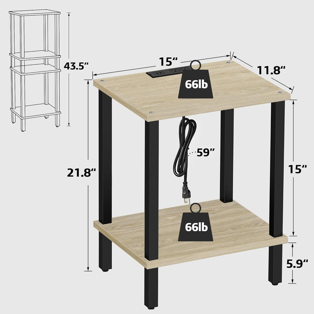 TUTOTAK End Table with Charging Station, Small Side Table with Outlets, Nightstand Bedside Table