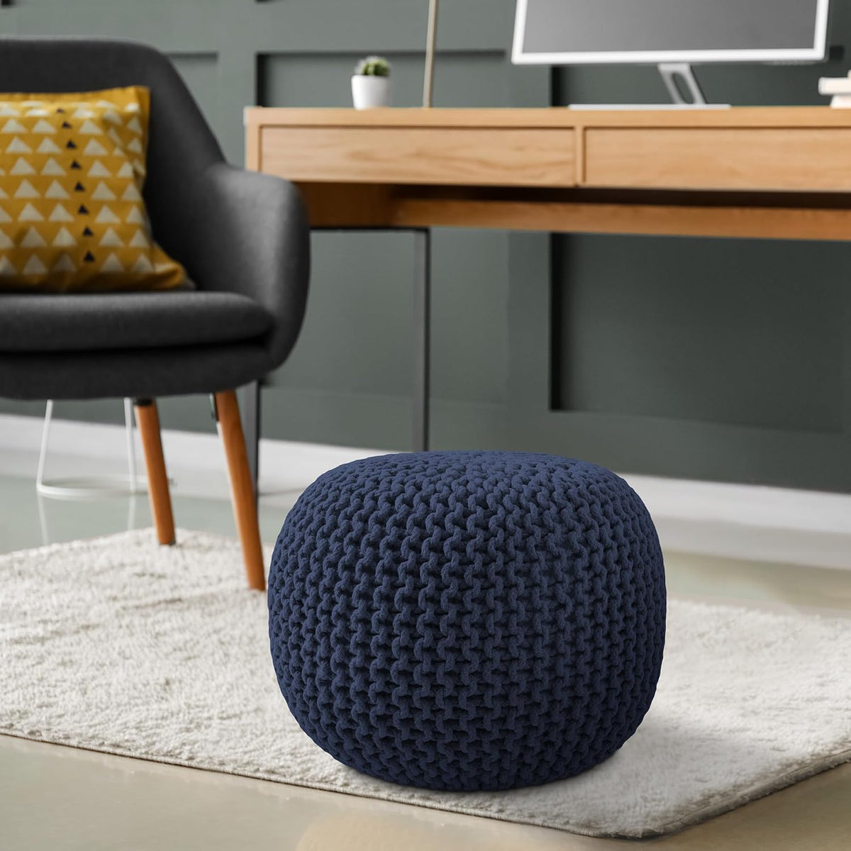 Casafield Round Pouf Ottoman, Navy Blue - 20" Diameter x 14.5" High Cotton Knit Foot Stool - Boho